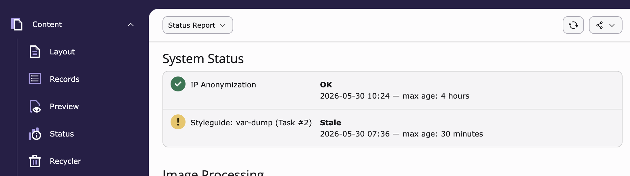 Status of tasks in report